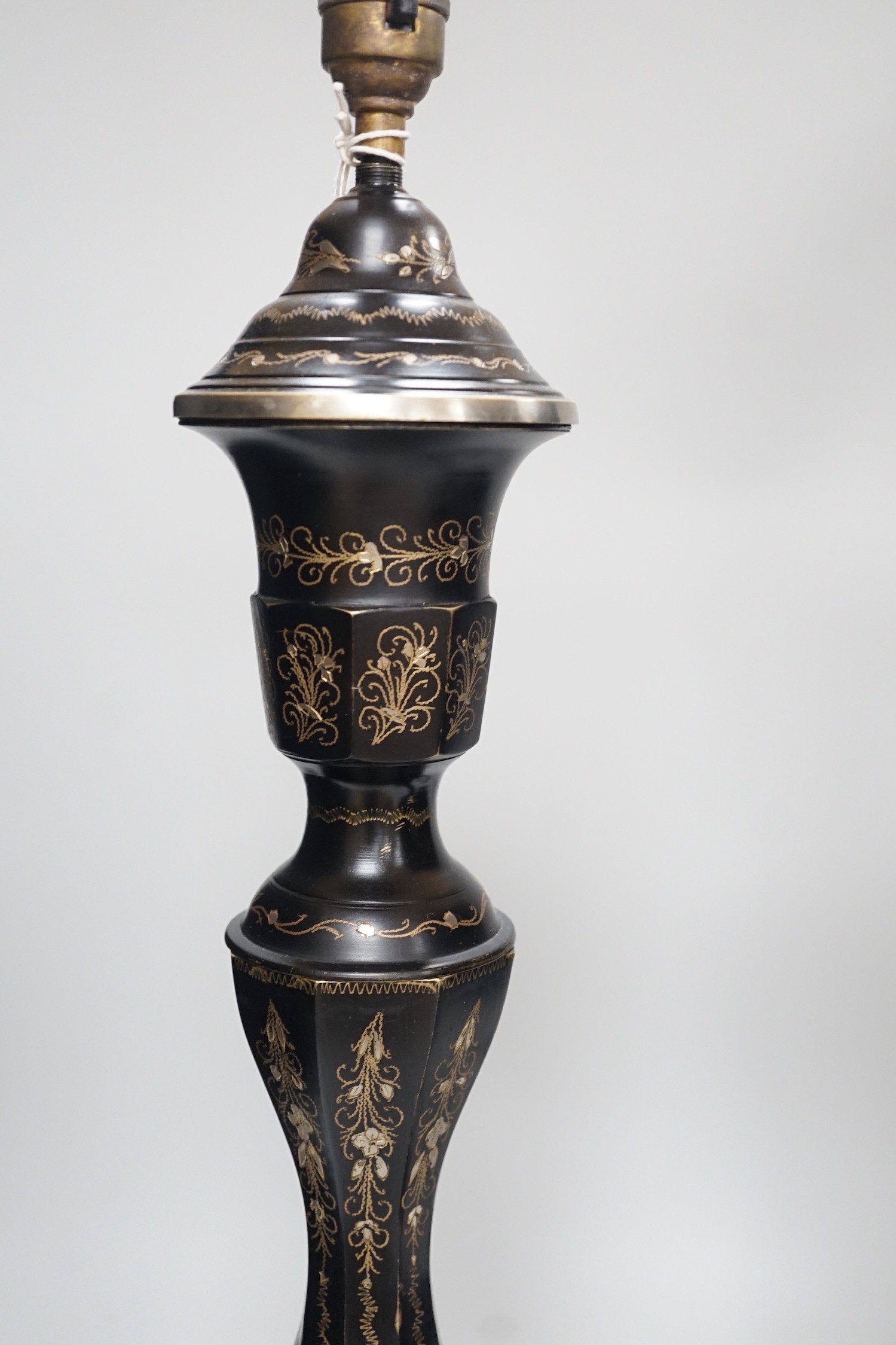 A near pair of Indian Bidri ware table lamps, 60cm total height